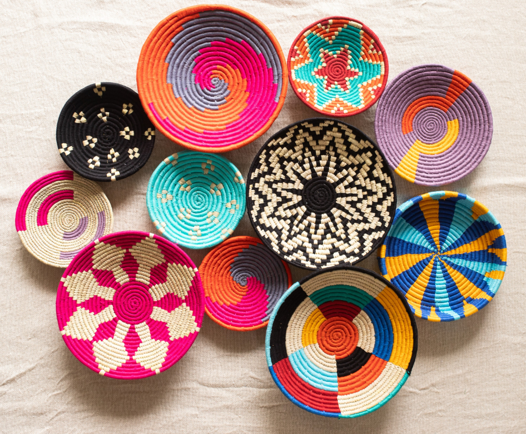 A vibrant melange of handwoven Sabai baskets for an eco-friendly touch