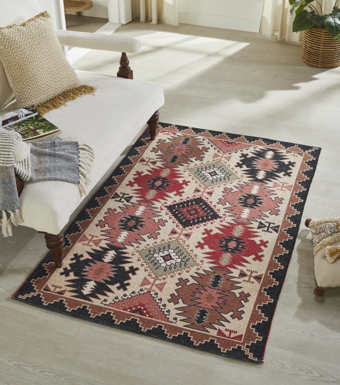Weave nostalgia within the patterns of this vibrant Kilim rug